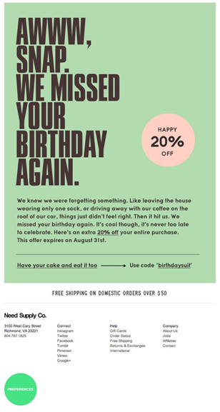Example of Birthday Reminder campaign from NeedSupplyCo.