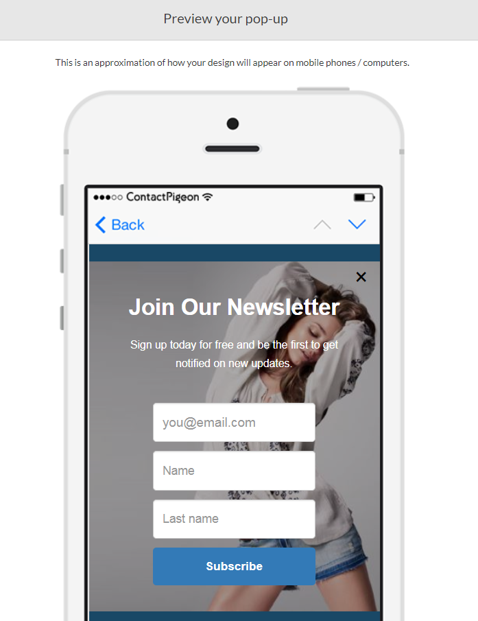 Popup mobile preview