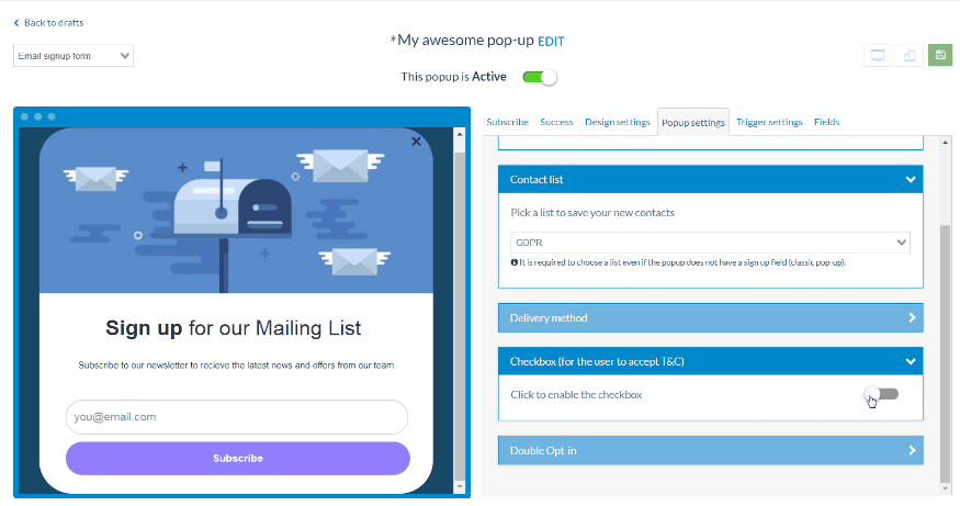 Signup forms enabling Opt-in checkbox