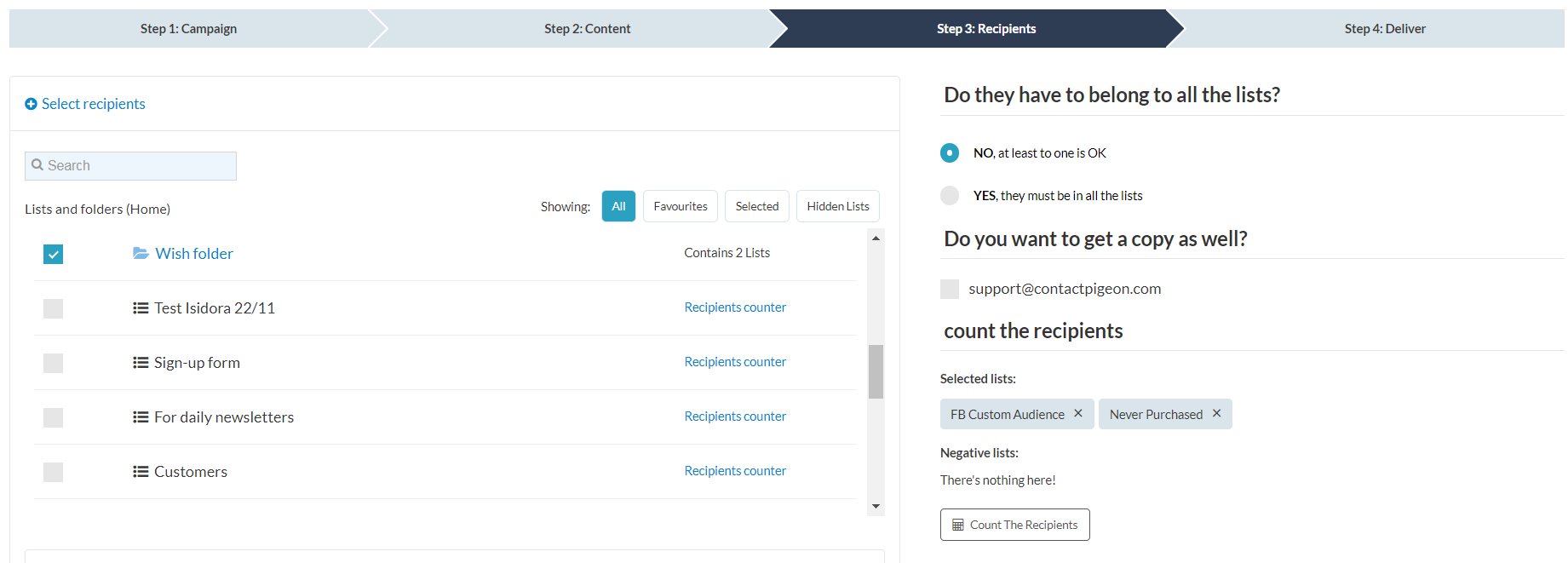 Email list folders select recipients