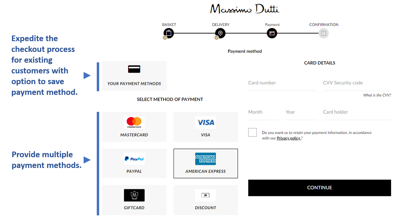 Customer payment options checkout flow