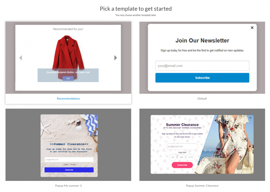 Product recommendation pop-up