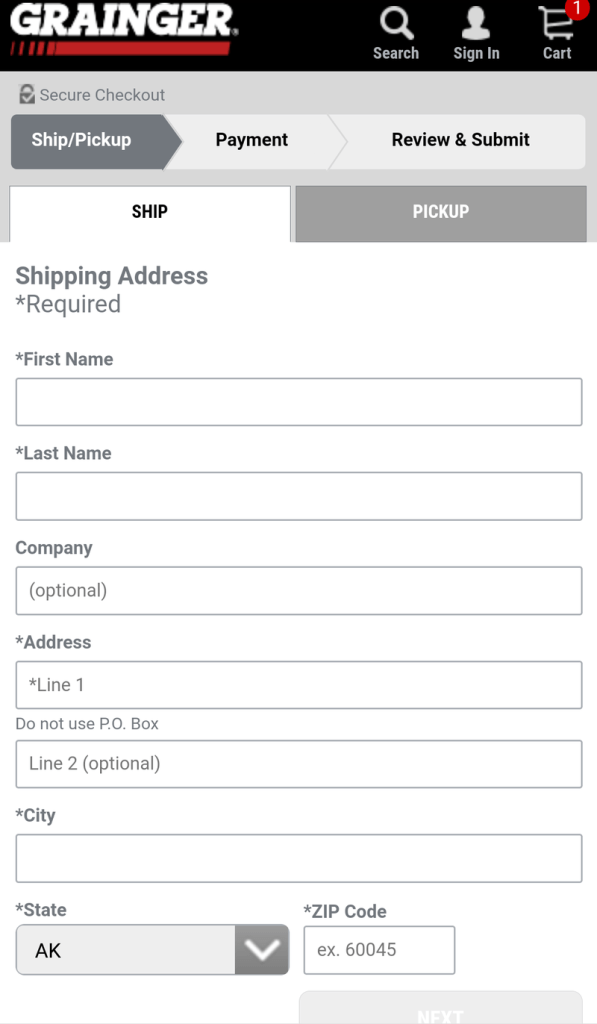 mobile checkout example: grainger