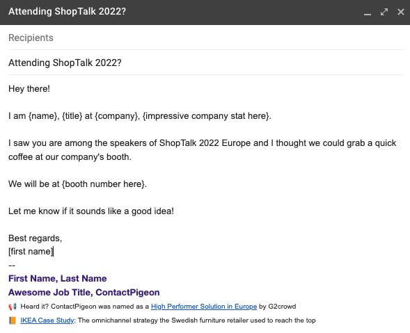 shoptalk-2022-europe-arrange-meeting-email-template-example-contactpigeon