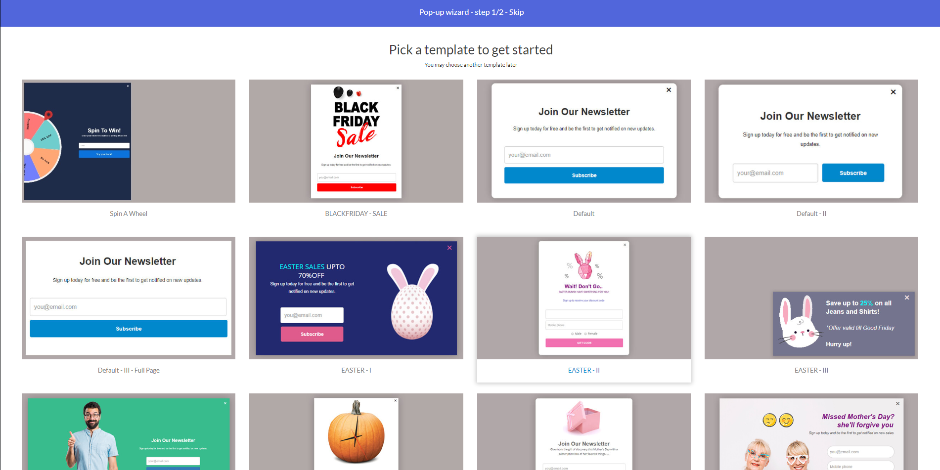 Select from pre-made pop-up templates